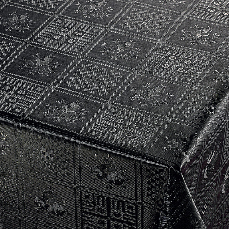 Närbild av Black Rose, damast präglad vaxduk med svarta roser