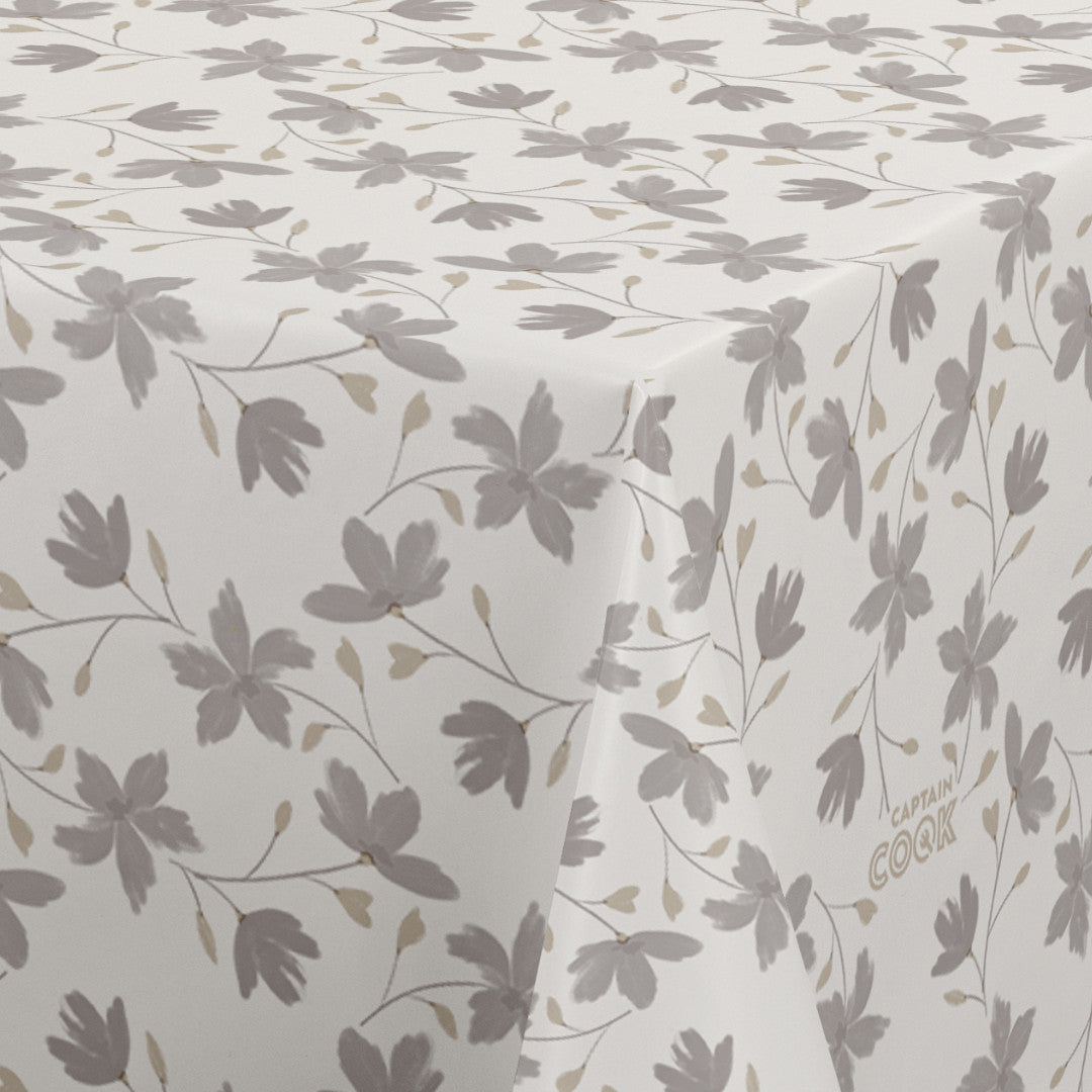 Närbild av Bloom Maitake - 160 cm bred vaxduk med blommor i grått och beige