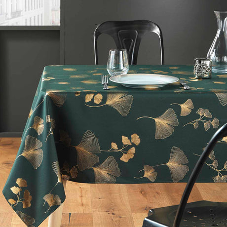 Bloomy Metallic Print - Green/Gold - Julduk med fläckskydd 150 x 300 cm