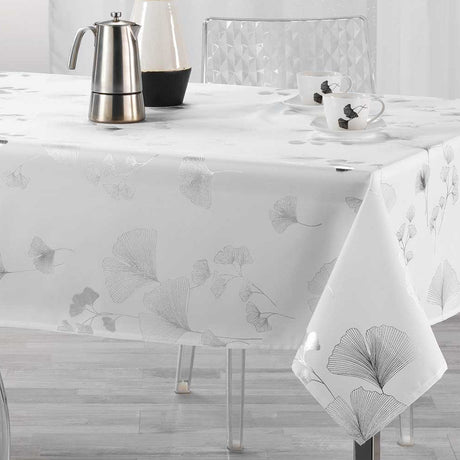 Bloomy Metallic Print - Vit/Silver - bordsduk med fläckskydd - 150 x 300 cm