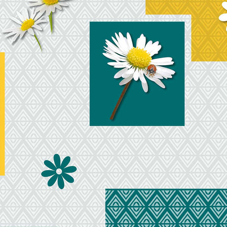 Närbild av Bouton D’or Ljusblå – Vaxduk med prästkragar