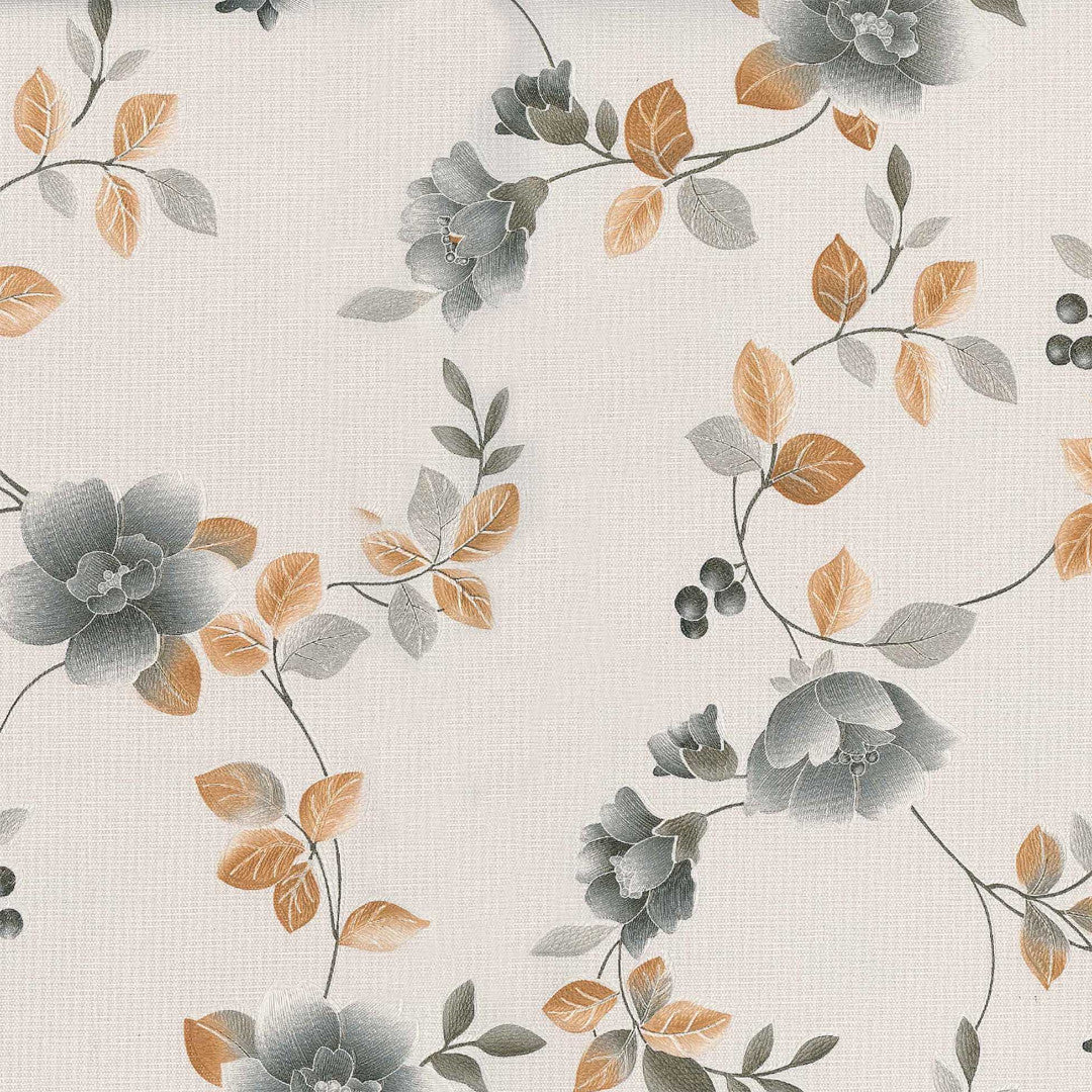 Närbild av Brillantine Grey voksdug med grå blommor och bruna blad