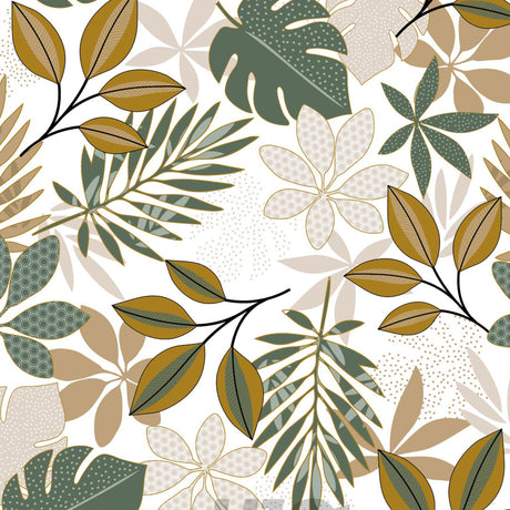 Närbild Bruinelle Green - Vaxduk med bladmönster i grönt och beige