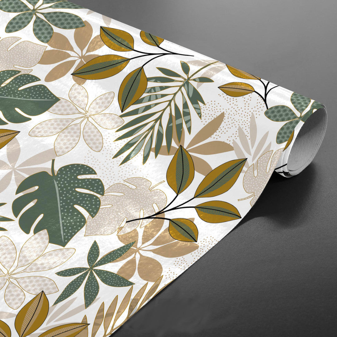 Bruinelle Green - Vaxduk med bladmönster i grönt och beige på rulle
