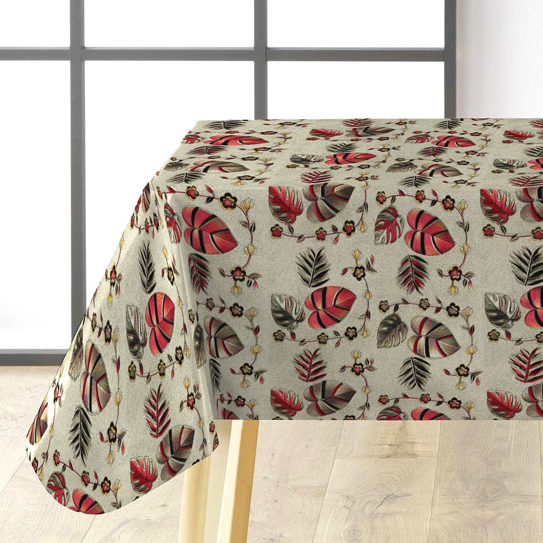 Närbild av Caprice Metallic Red - Fantastisk vaxduk med blommor och blad