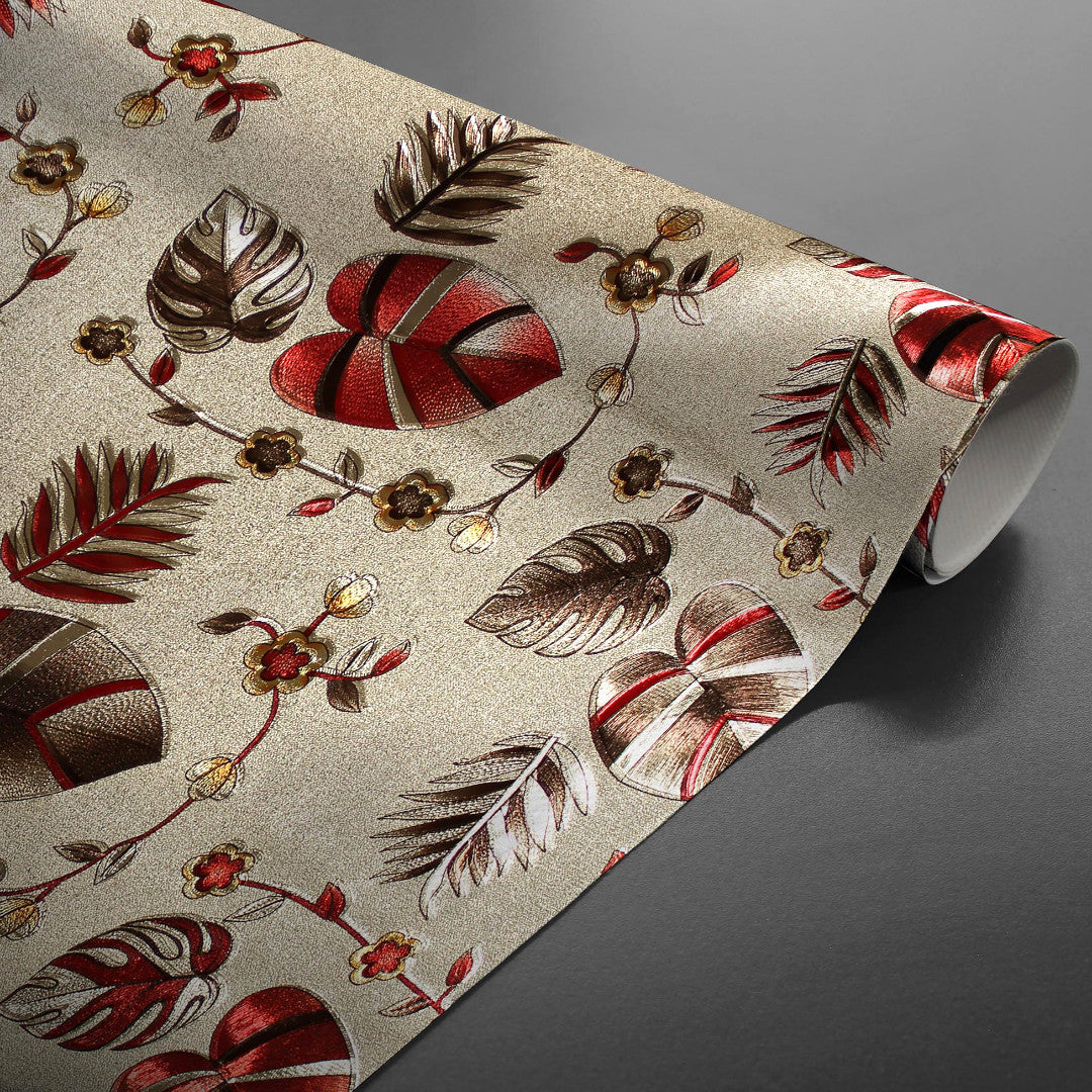 på bordet Caprice Metallic Red - Fantastisk vaxduk med blommor och blad