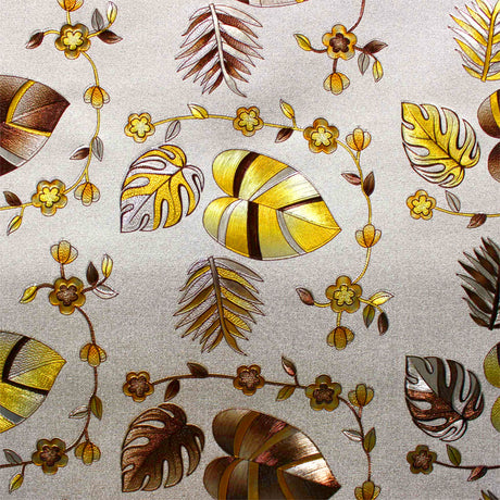 Caprice Metallic Yellow - Vaxduk med blommor och blad närbild