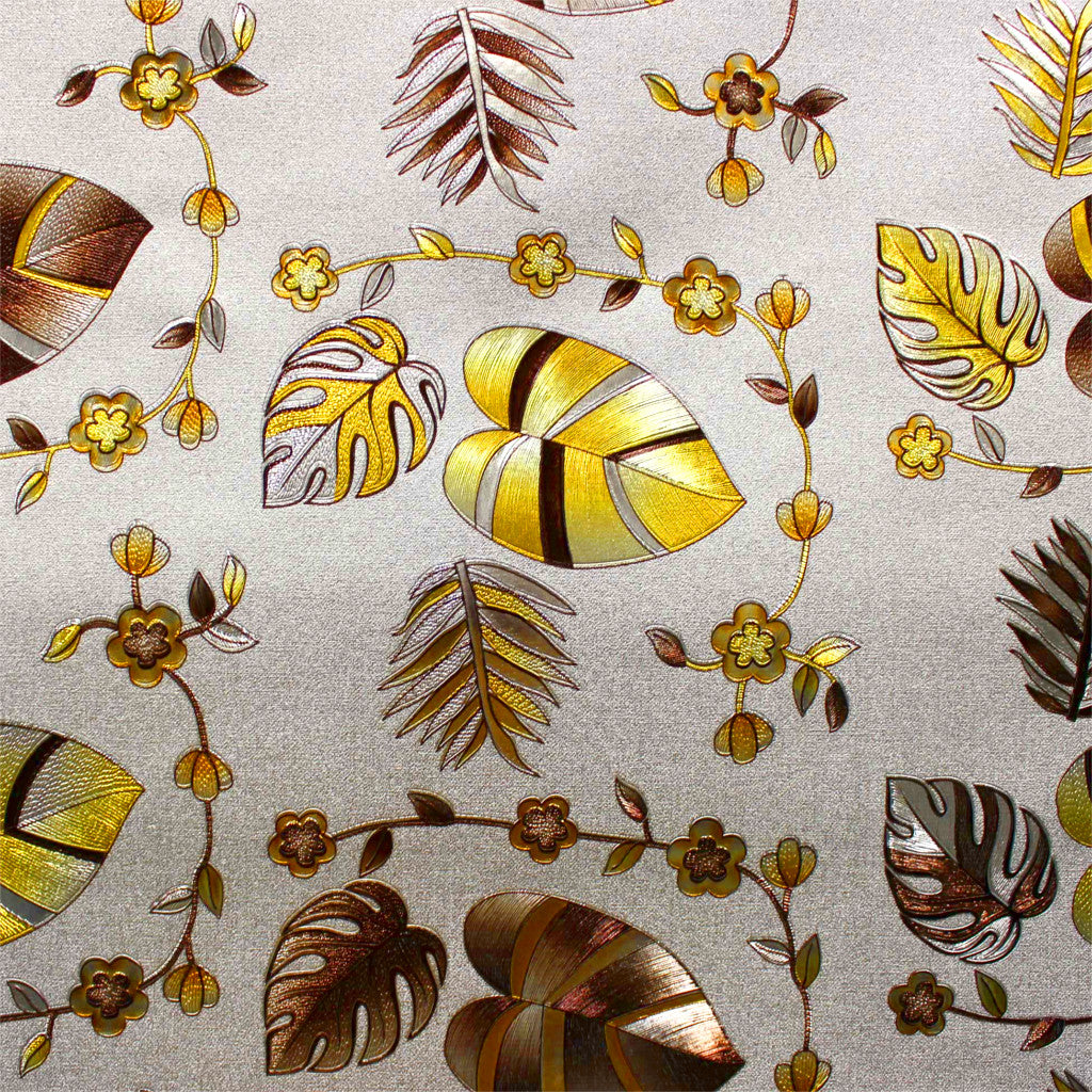 Caprice Metallic Yellow - Vaxduk med blommor och blad närbild