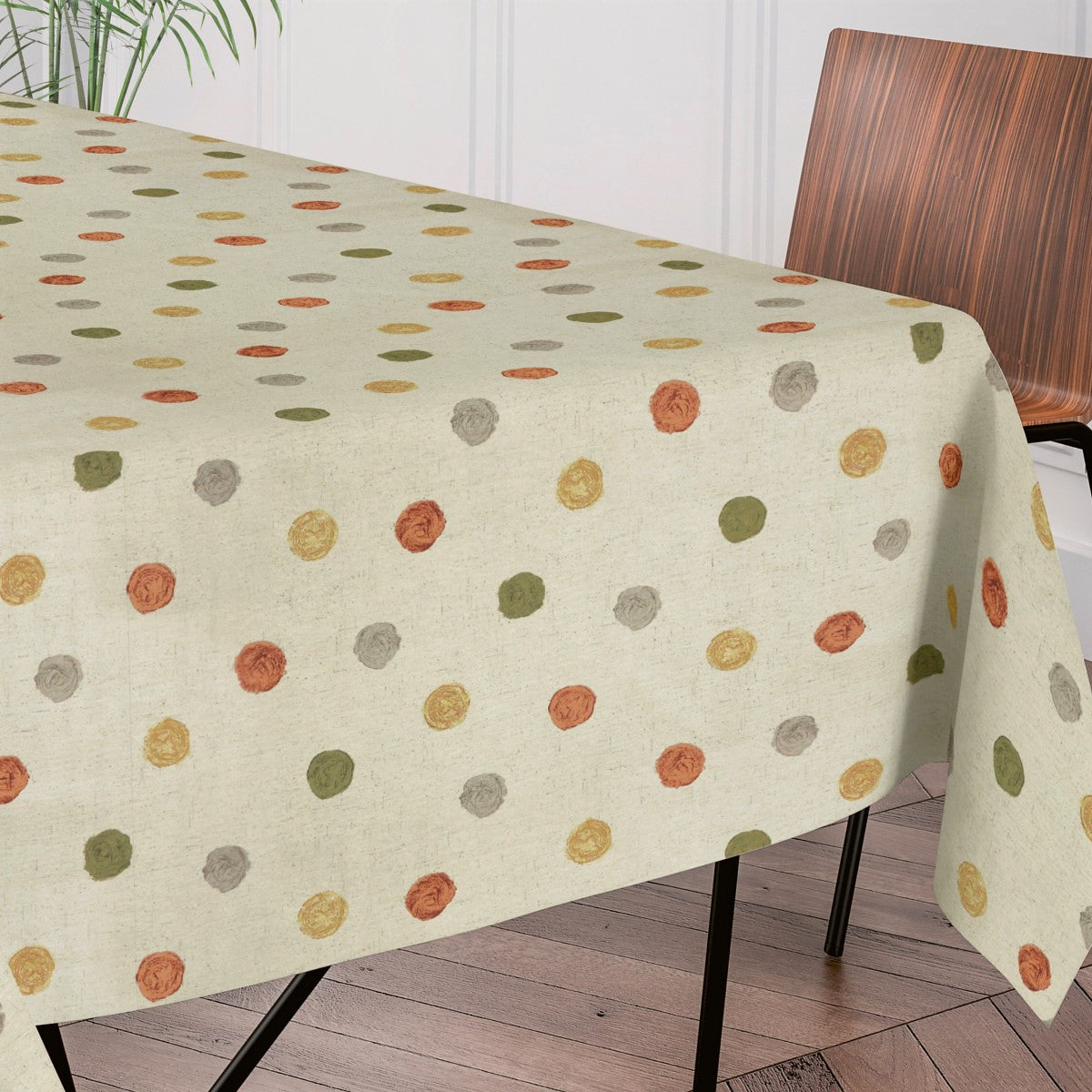 Carus Ljus Sand - Textilvaxduk med målade prickar i varma färger, 160 cm