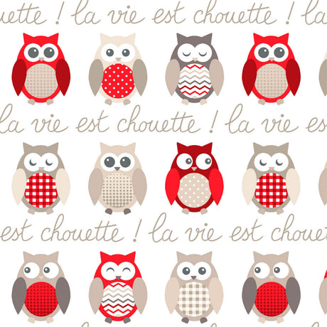 Närbild av Chouette Röd -  Vaxduk med söta ugglor