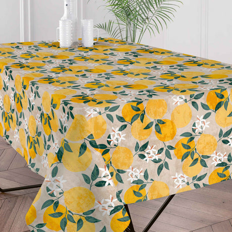 Närbild av Citronlunden Lino textilvaxduk med citroner och linnelook