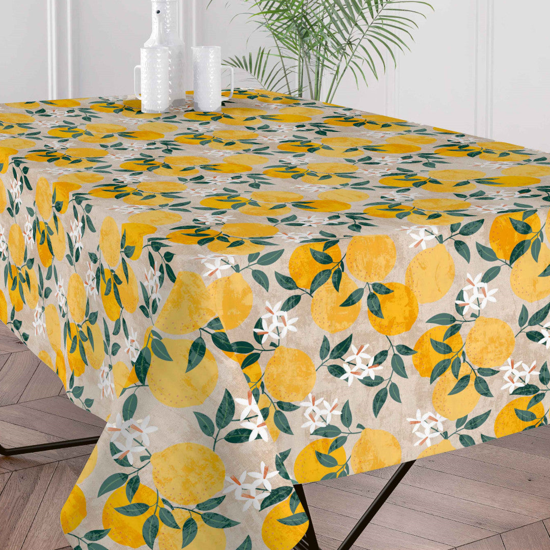 Närbild av Citronlunden Lino textilvaxduk med citroner och linnelook
