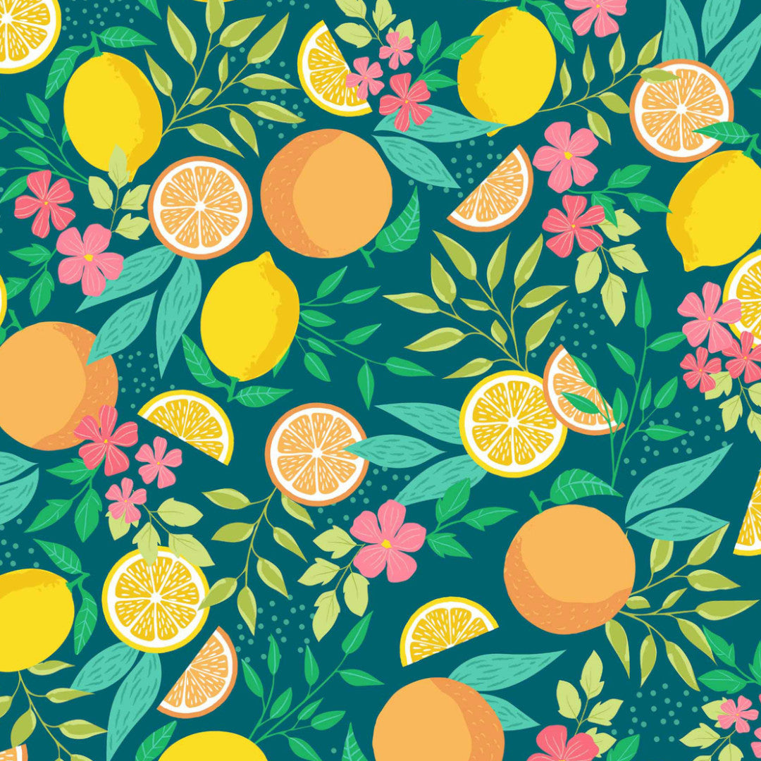 Närbild av Citrus Emerald Green - Vaxduk med citroner och blad