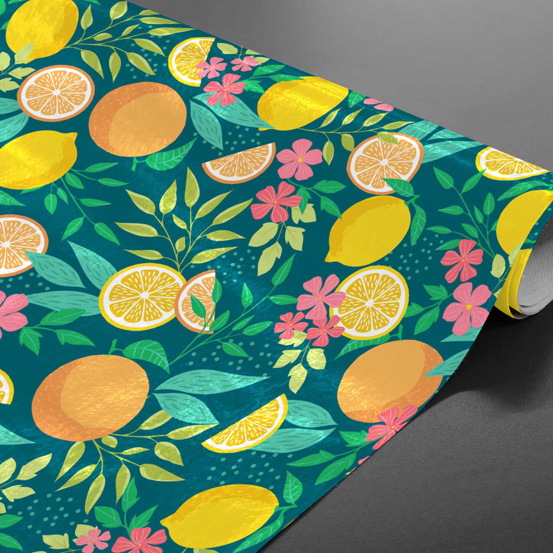 På rulle Citrus Emerald Green - Vaxduk med citroner och blad