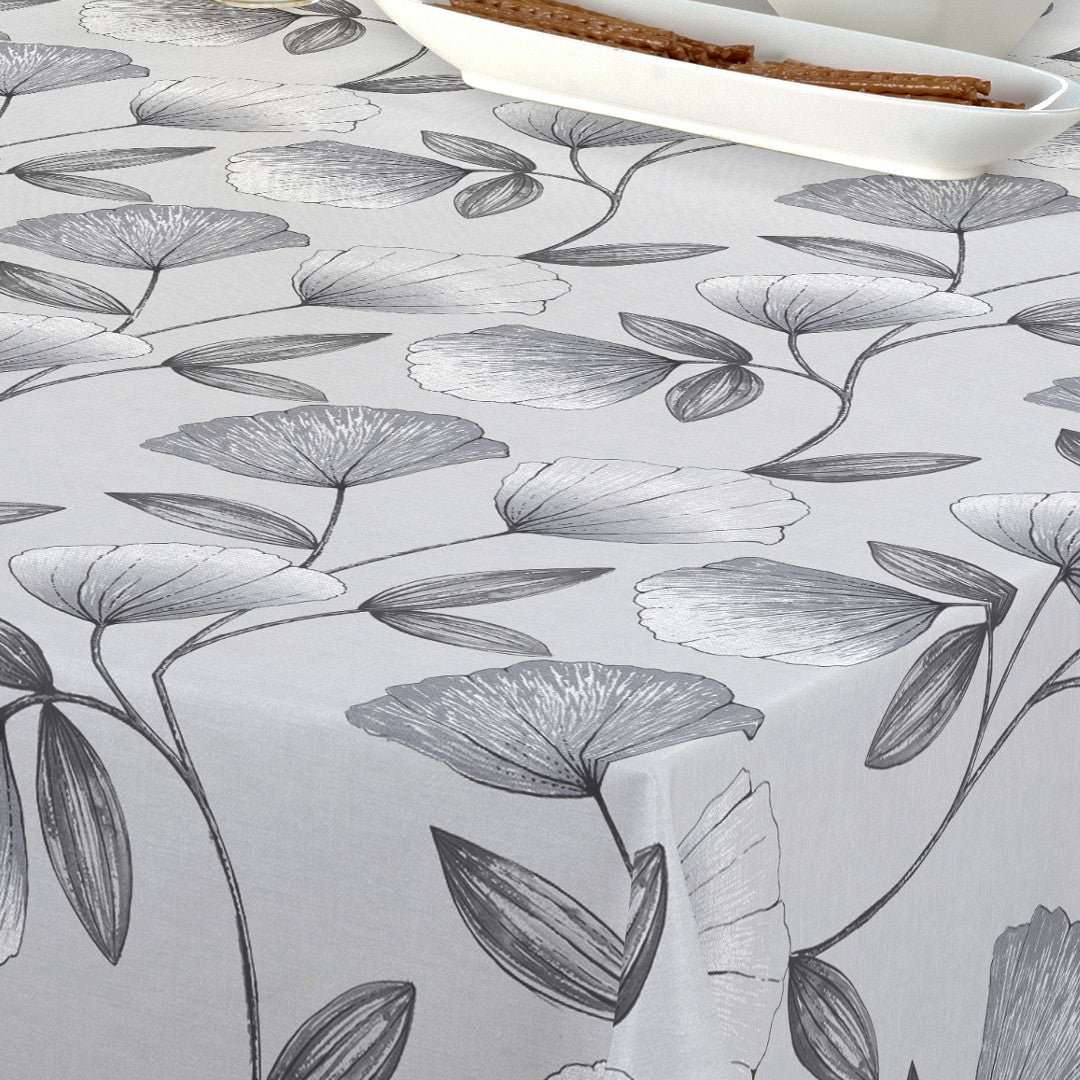 Närbild av Claira Grå - Vaxduk med ritade blommor