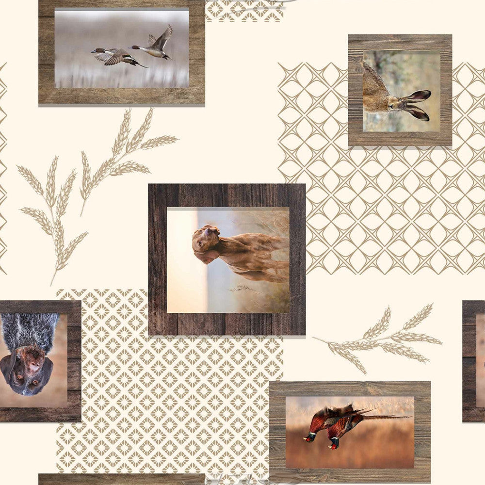 Colvert - Vaxduk med jaktmotiv, grå ankor, jakthundar, harar och fasaner närbild