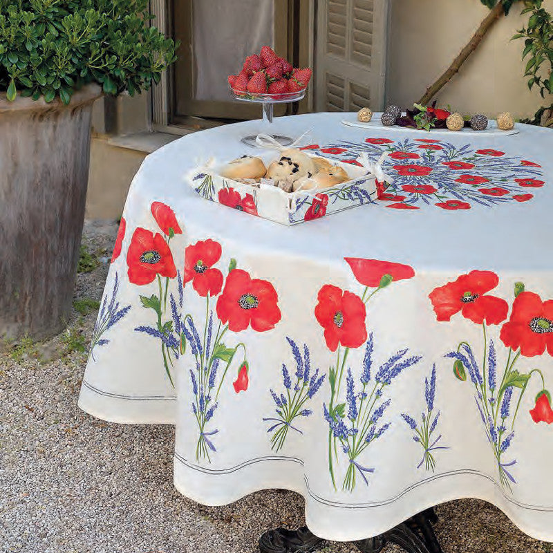 Coquelicot Råvit - Rund akrylbelagd provenceduk Ø 180 cm