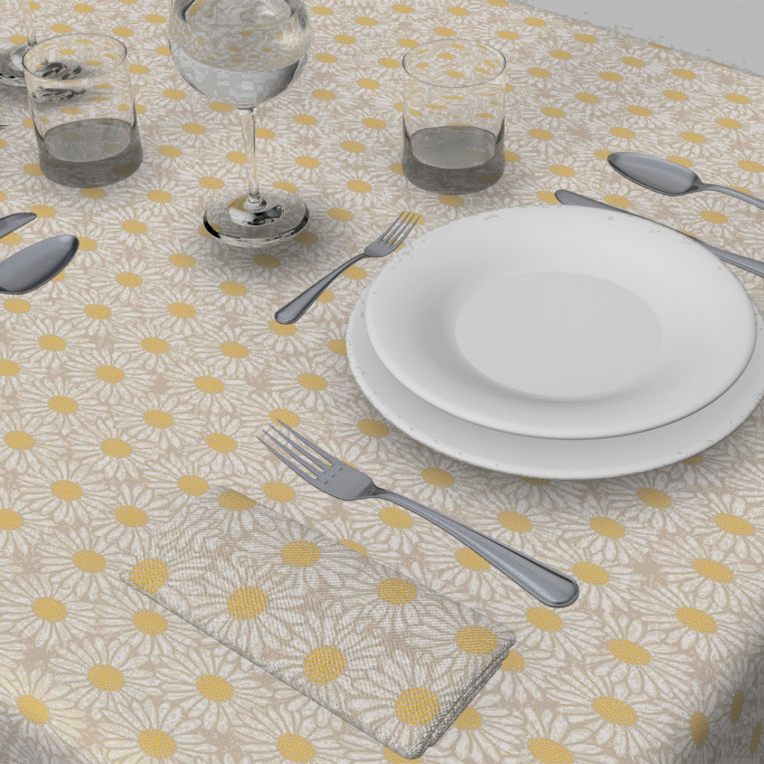 Daisy - Naturfärgad textilvaxduk i linnelook med vita prästkragar