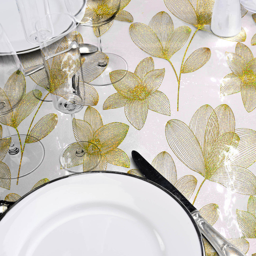 Närbild, Danela Gold - Transparent vaxduk, konturblommor och glittereffekt, rulle