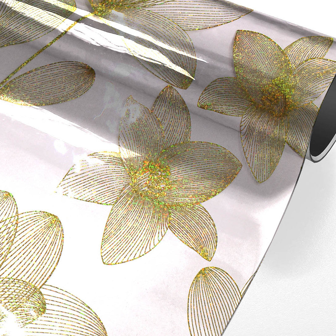 Danela Gold - Transparent vaxduk, konturblommor och glittereffekt, rulle