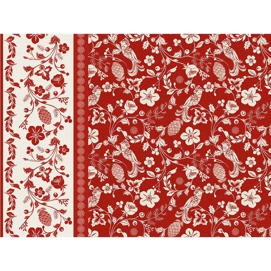 Daphne röd - Vaxduk med blommor, bär och fåglar