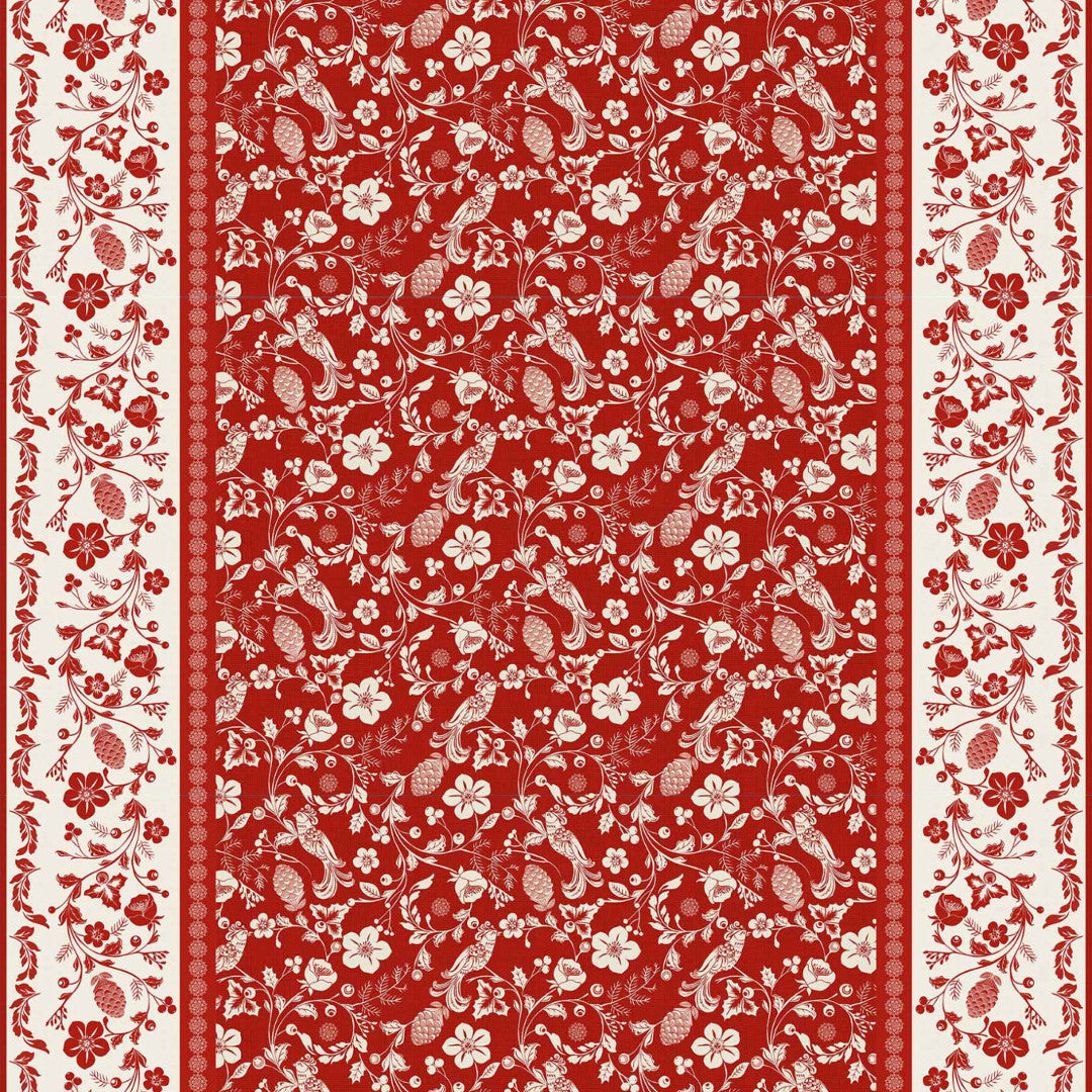 Daphne röd - Vaxduk med blommor, bär och fåglar