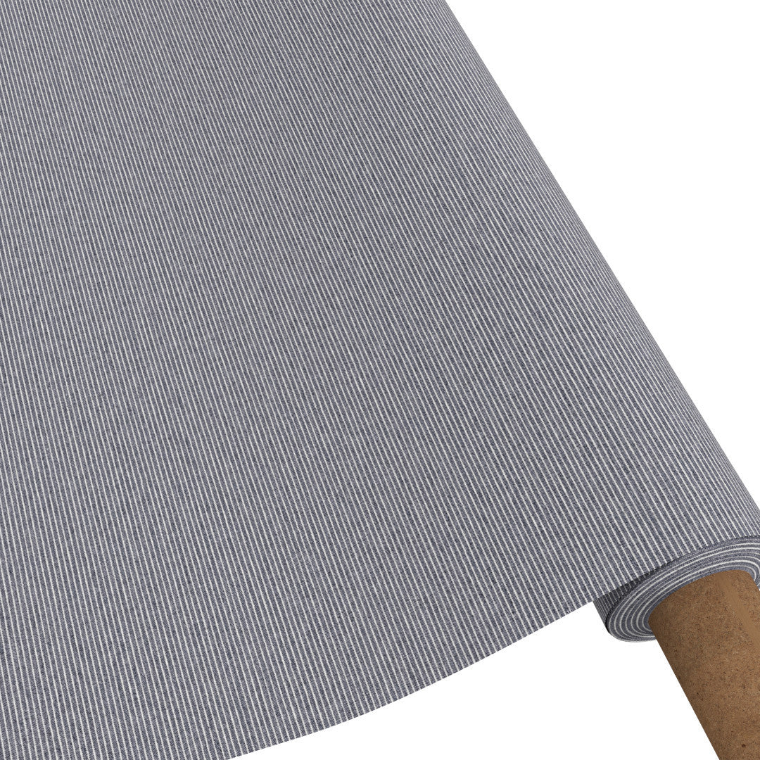 Kritstrecksrandig blå - textilduk i linnelook med smala ränder och glidskydd