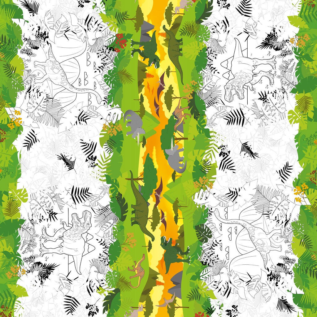 Färglägg vaxduken som en målarbok, vaxduk med Dino landskap