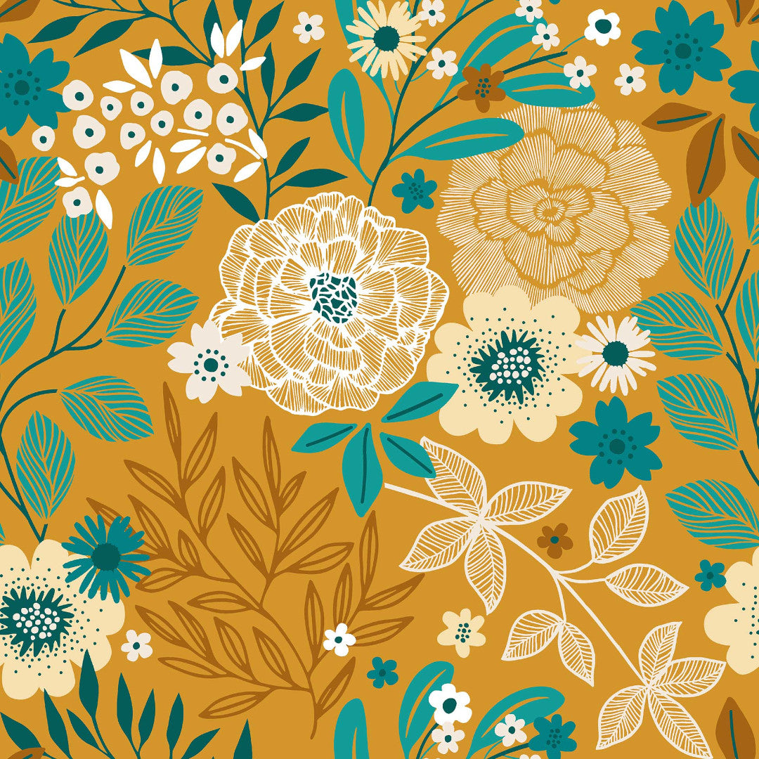 Närbild av Divine Luxury, Gul - Vaxduk med blommor och blad