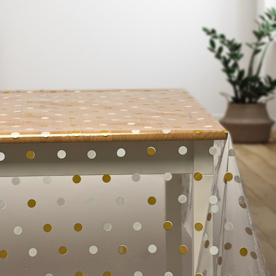 Dot Guld och silver, klar plastduk - Genomskinlig vaxduk med prickar