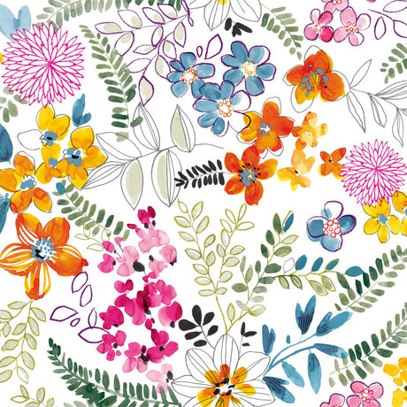 N¨rbild av Blomsterängen – Vit vaxduk med färgglada blommor