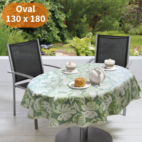 Tropical Leaves Green 130 x 180 cm - Oval somrduk till trädgårdsbordet