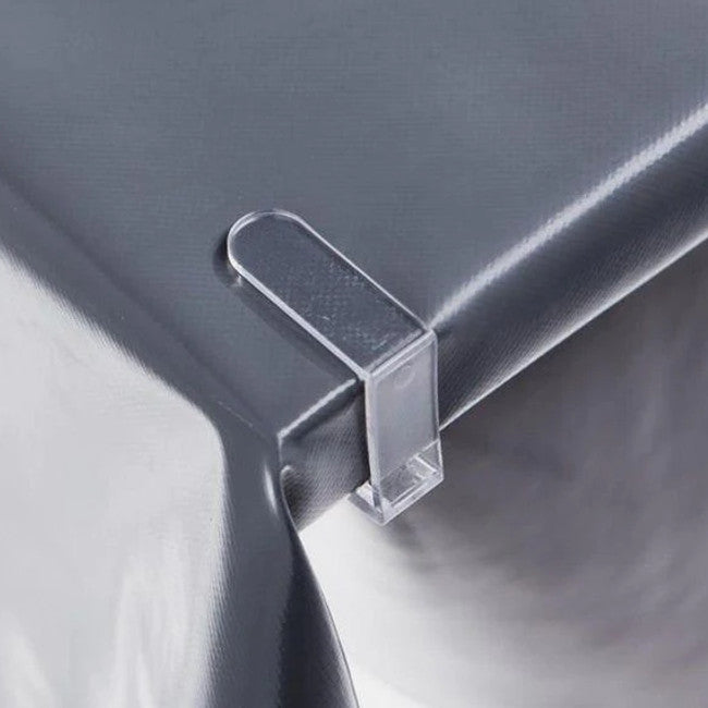 Dukklämmor i klar plast med metallfjäder – för bordskanter upp till 2,5 cm – Set med 4 st.