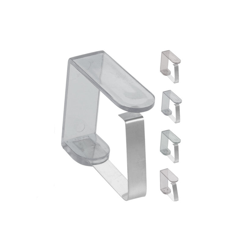 Dukklämmor i klar plast med metallfjäder – för bordskanter upp till 2,5 cm – Set med 4 stk