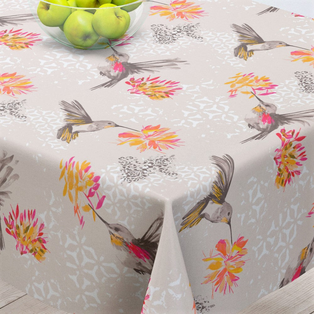 Elvire Grå - textilvaxduk med linnelook och vackra fåglar – 150 cm bred