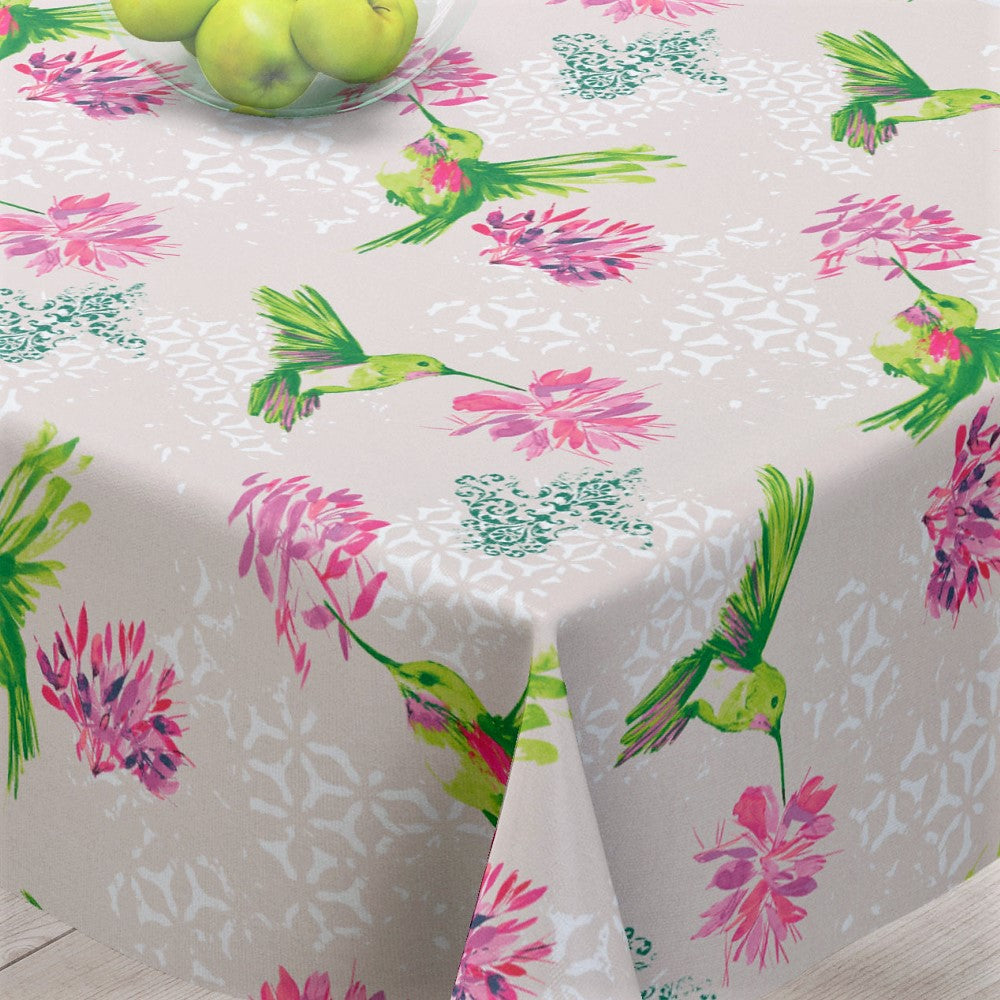 Elvire Grön - textilvaxduk med eleganta fåglar. Linnelook - 150 cm bred