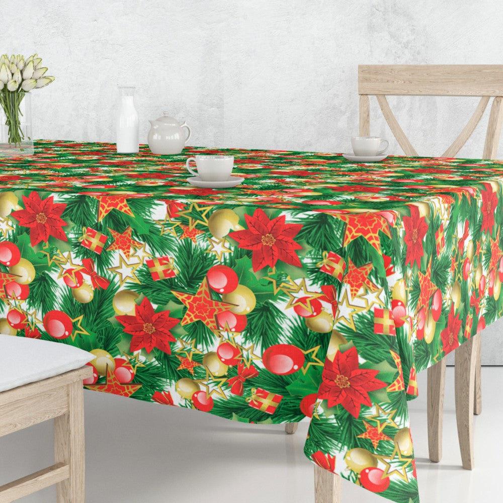 Estrella Christmas Time - Jultextilvaxduk med gran, julkulor, rosetter och paket