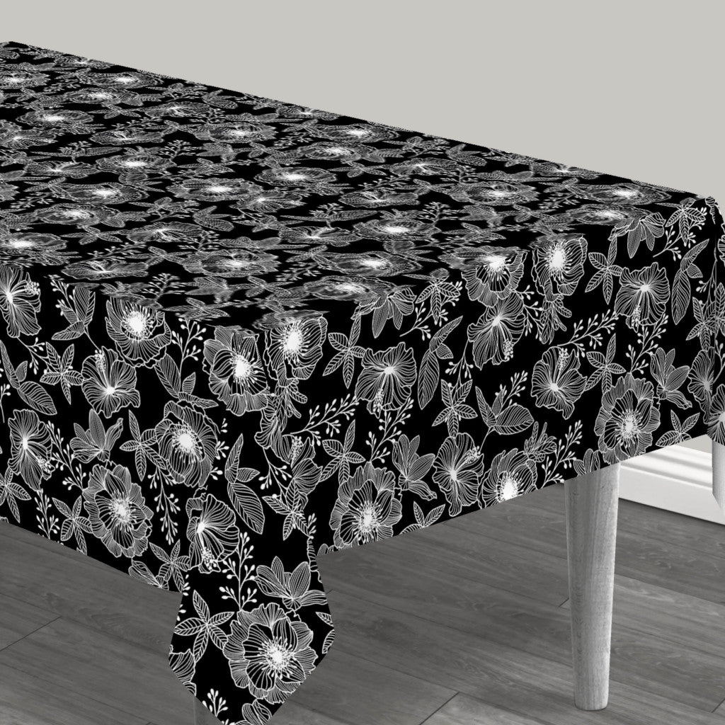 Filligranhaven Vit - Vaxduk med vita blommor och blad på svart bakgrund