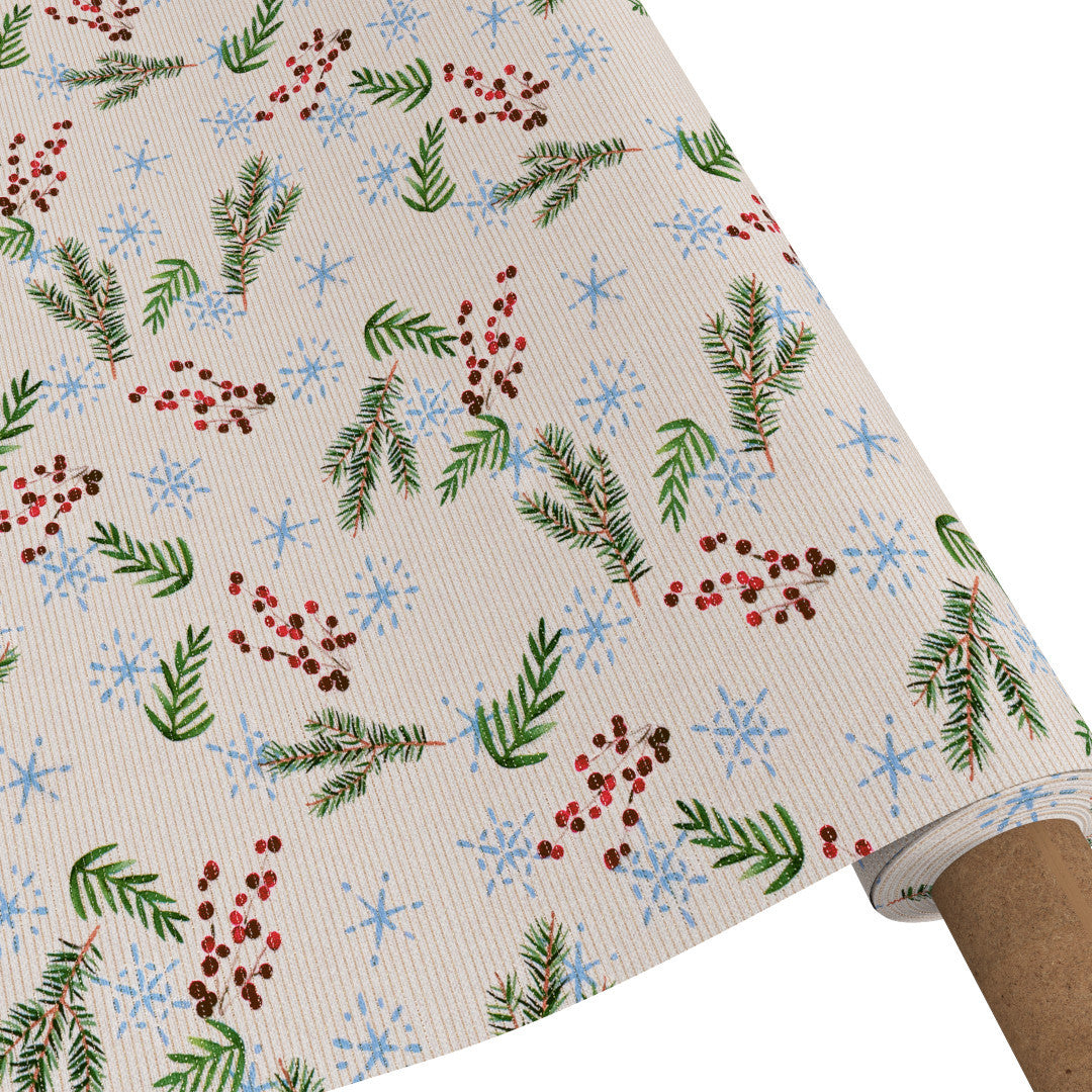 Frost og Evergreens - textilduk med jul- och vintermotiv, med lurex och glidskydd på rulle