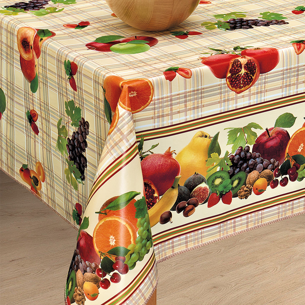 Fruktskål - Vaxduk med frukter på en rutig bakgrund