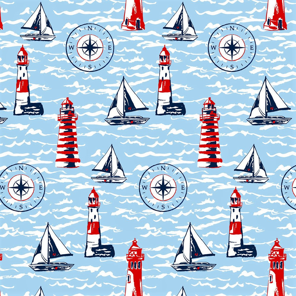 Fyrtårn - Maritim textilvaxduk i ljusblått med segelbåtar m. m.