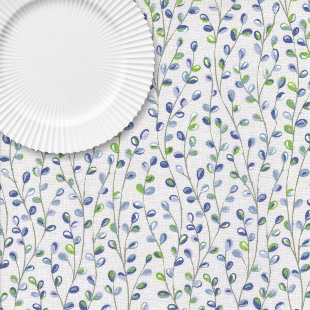 Videkissar på Gren Blå – Ljusblå/grå textilvaxduk med videkissar