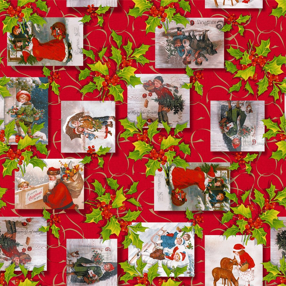 Gammaldags Jul Röd - Julvaxduk, med motiv från gamla vykort. Närbild