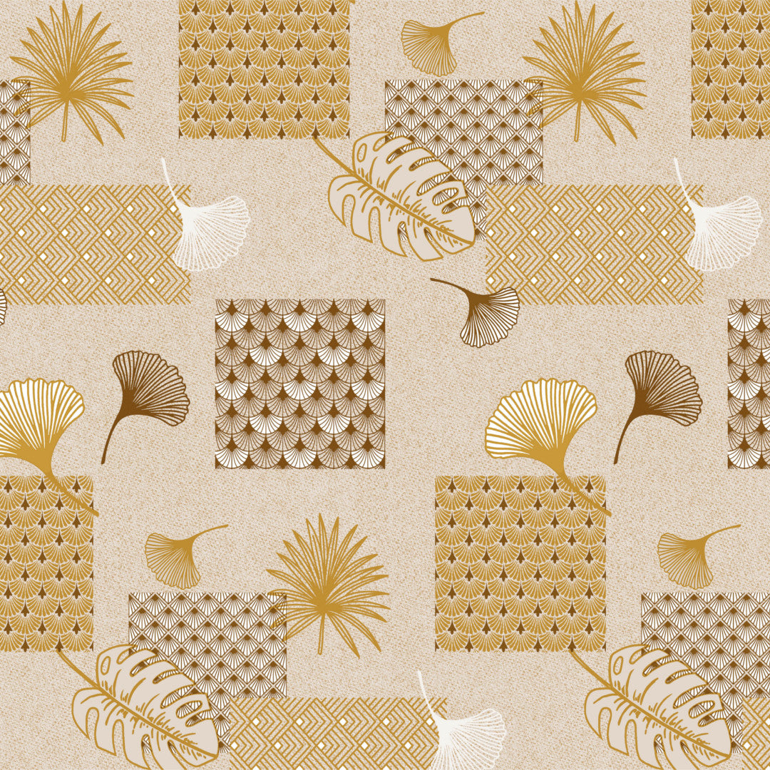 Ginkgo Gyldene - Beige voksdug med blader og mønstre