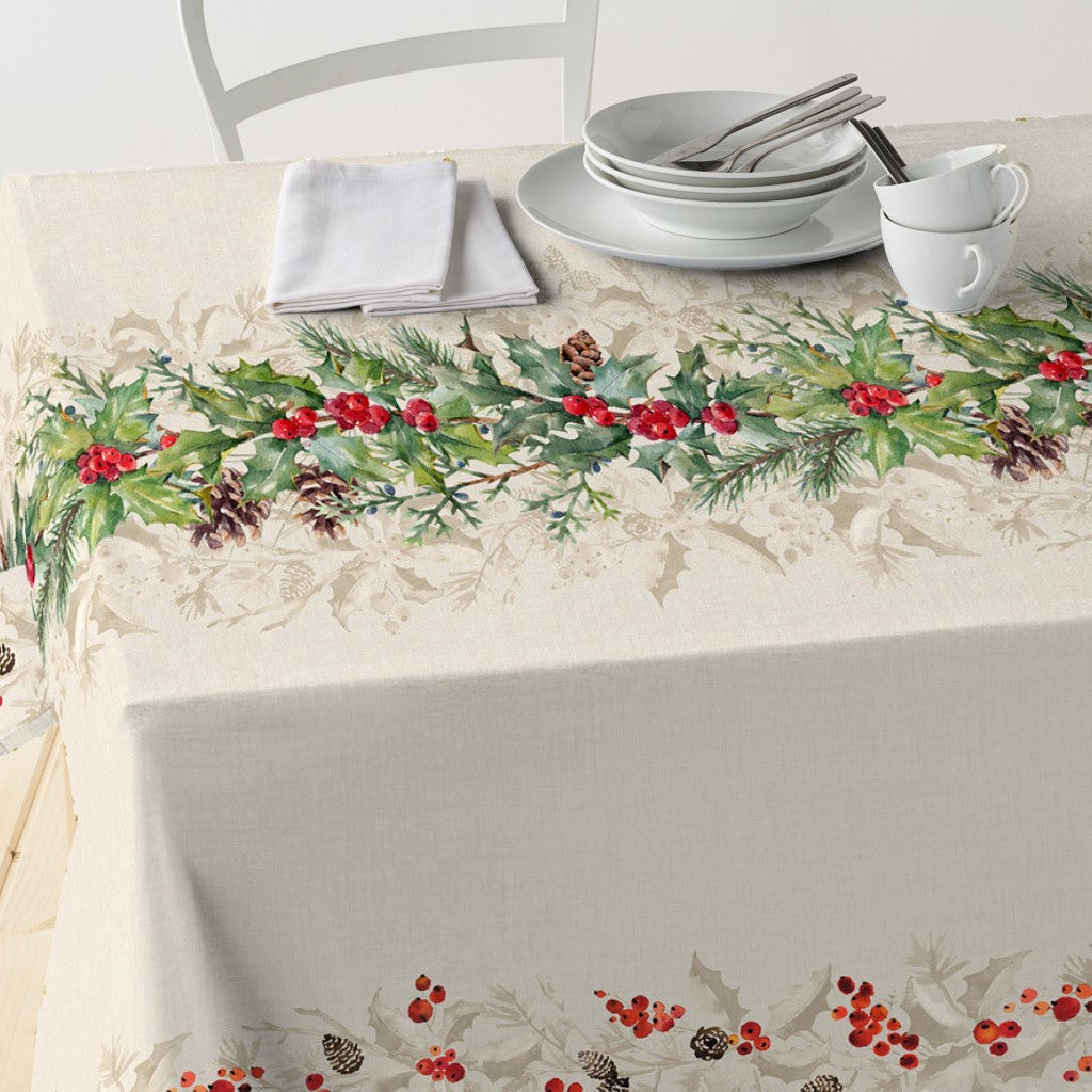 Gloria - Jultextilvaxduk med kottar, bär, grankvistar på bordet