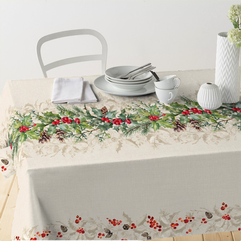 Gloria - Julbordsduk som textilvaxduk med vackra kottar, bär, grankvistar och järnek