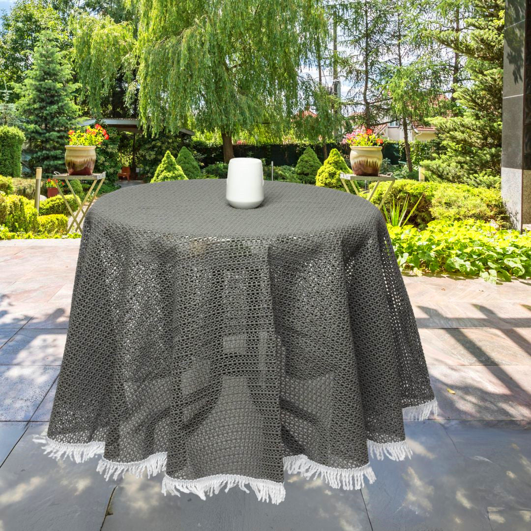 Rustik, rund sommarduk till trädgårdsbordet - Grå med fransar, Ø 160 cm