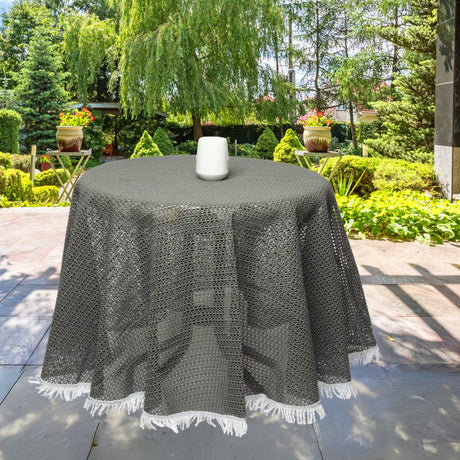 Rustik, rund sommarduk till trädgårdsbordet - Grå med fransar, Ø 160 cm