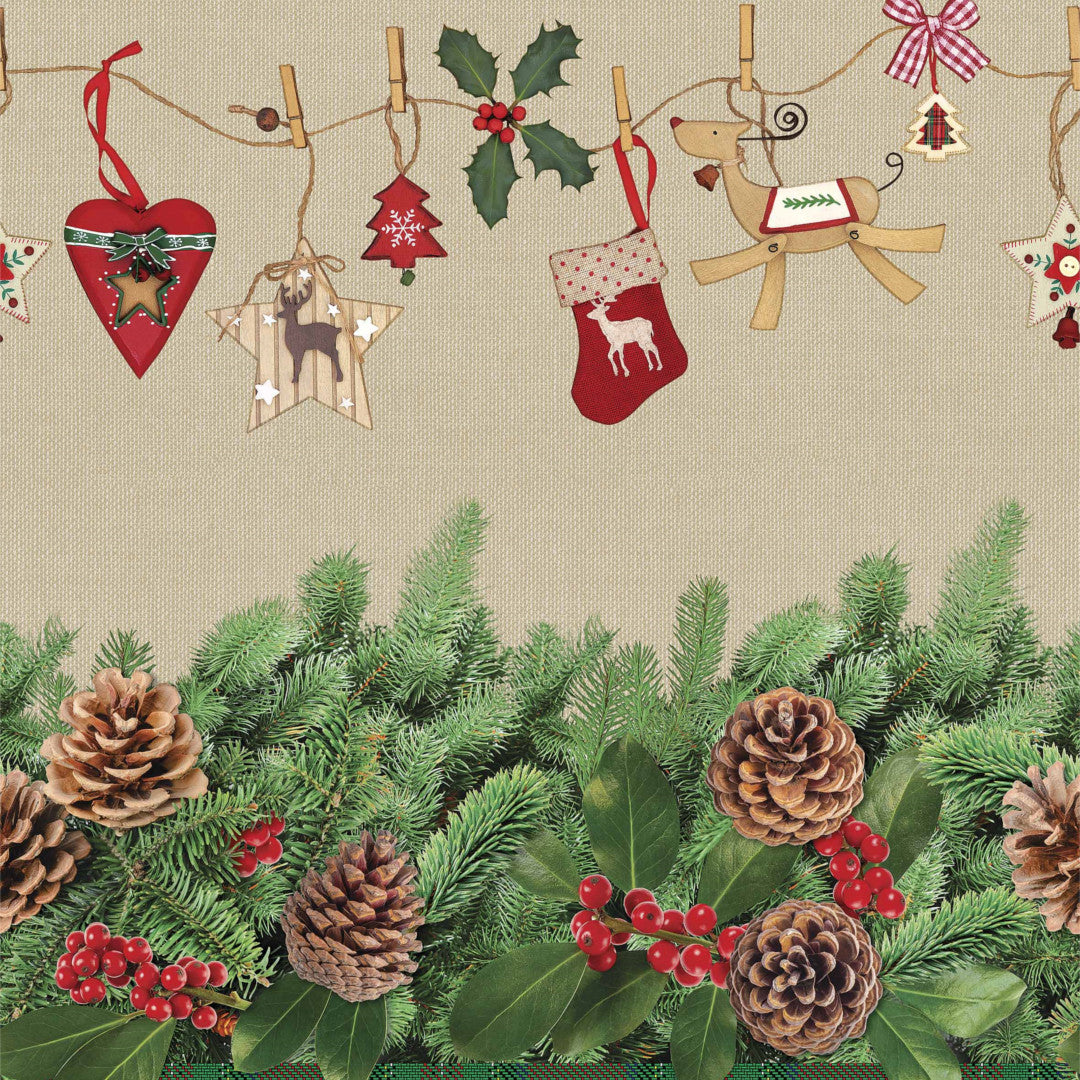 Granar och kottar - Ljus julduk med vacker tyglook. Miljöbild