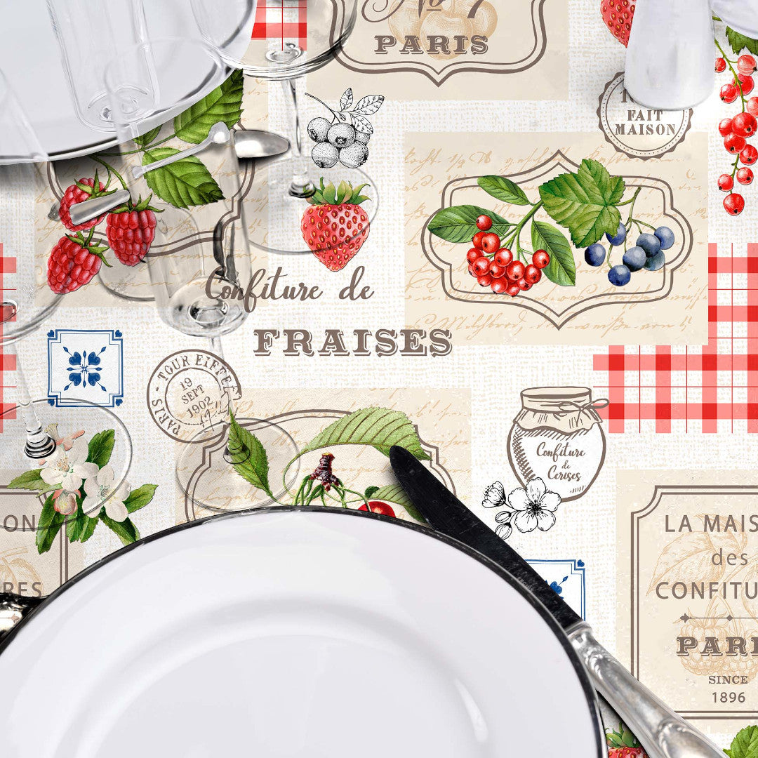 Bordet dukat med Griotte - Nostalgisk fransk vaxduk med fruktmotiv
